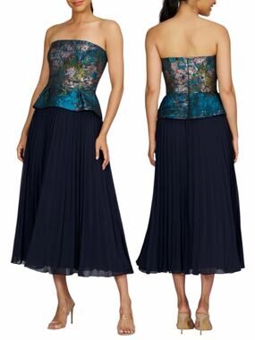 Kay Unger Giannina Strapless Tea Length Dress Blue Sea Size 14